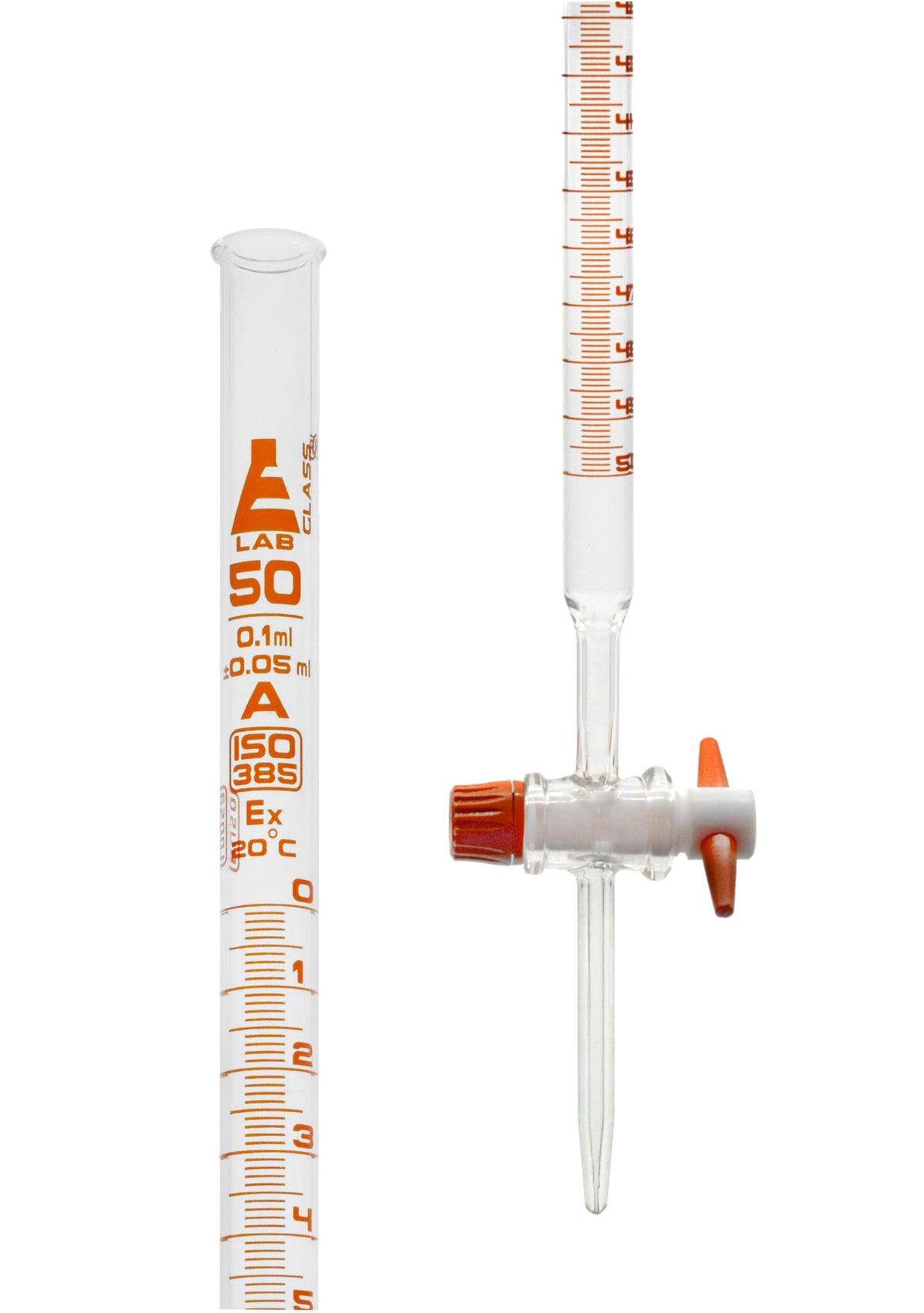 Burette, 50mL Class A 0.1mL Amber Graduations PTFE Stopcock Bo