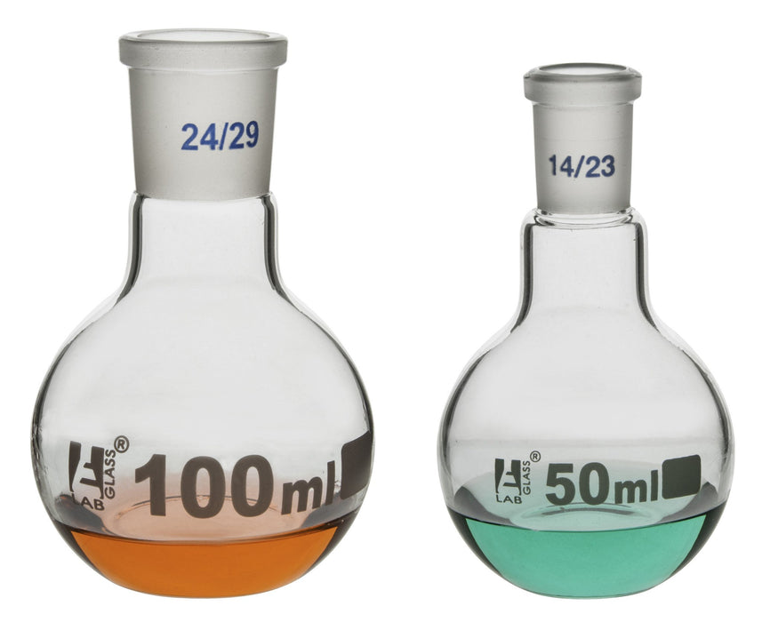 Boiling Flask with Joint, 50ml - Socket Size 24/29 - Flat Bottom, Short Neck - Interchangeable Joint - Borosilicate 3.3 Glass - Eisco Labs