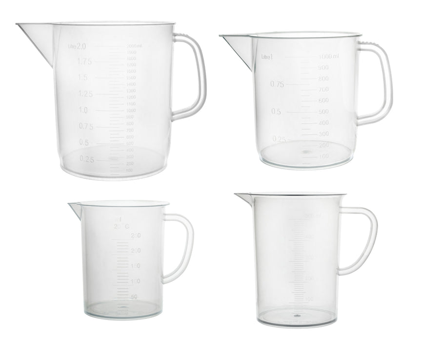 4PK Measuring Jugs, 250ml, 500ml, 1000ml, 2000ml - Polypropylene, Raised Graduations