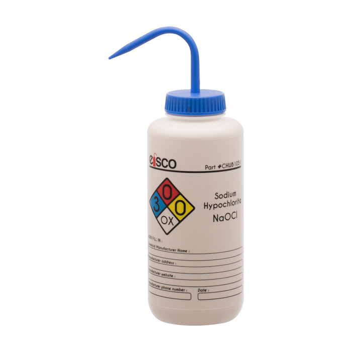 Wash Bottle for Sodium Hypochlorite (Bleach), 1000ml - Color Coded Chemical & Safety Information (4 Colors) - Wide Mouth, Self Venting, Low Density Polyethylene - Performance Plastics by Eisco Labs