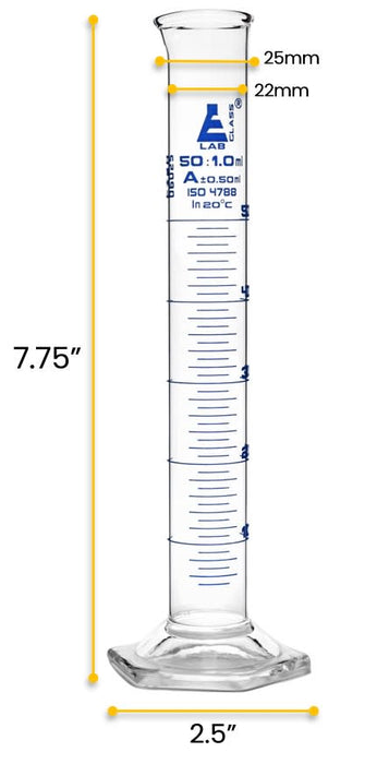 Graduated Cylinder, 50ml - Class A - Blue Graduations - Hexagonal Base