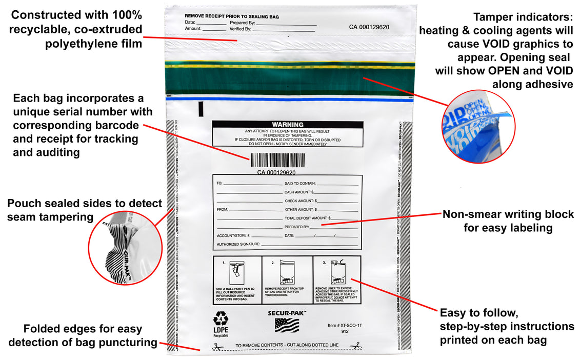 Secur-Pak Deposit Bags - Pack of 100 - Bill Capacity, 1,000 - Premium, Level 4 Security Tamper Evident, White Security Bags - Self Sealing, Opaque 2.5 Mil Plastic - 9" x 12" - SECUR-PAK
