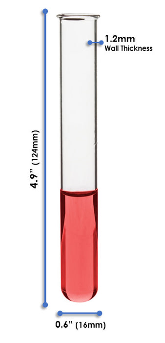 100PK Test Tubes, 15mL, 16x125mm - Rimmed - Light Wall, 1.2mm Thick - Borosilicate 3.3 Glass
