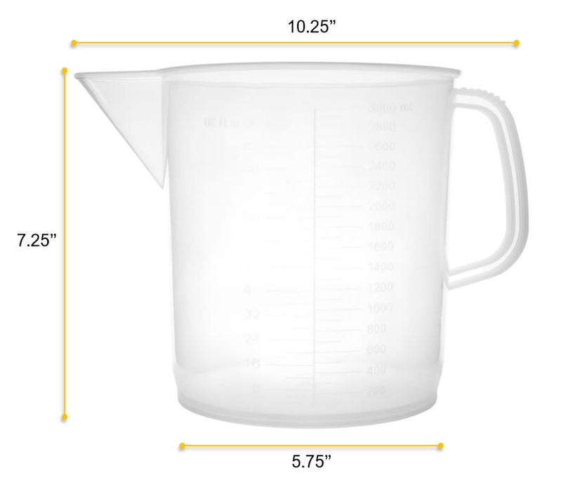 Measuring Jug, 3000ml - Short Form, Euro Design - Polypropylene Plastic - Raised Graduations