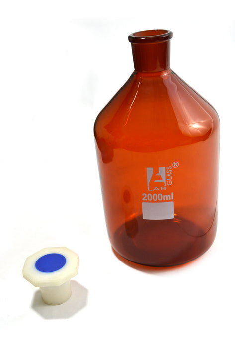 Reagent Bottle, 2000mL - Amber - With Acid-Proof Polypropylene Stopper - Borosilicate Glass