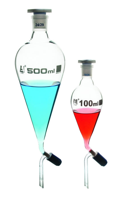 Dropping Funnel, 50mL - Squibb, Bent Arm - With 14/23 Plastic Stopper & Rotaflow Stopcock - Borosilicate Glass