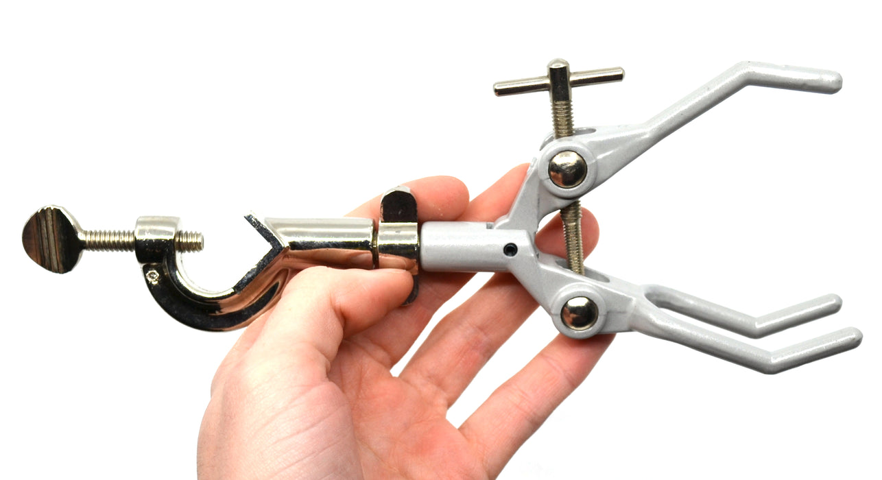 3 Prong Double Adjustable Universal Retort Clamp with Boss Head, 9" Long, 3.5" Maximum Opening - Eisco Labs
