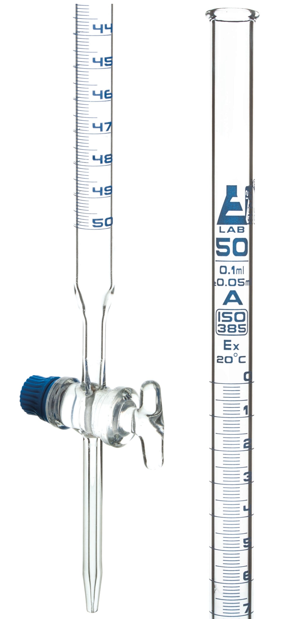 Burette, 50mL Class A With Stopcock Blue Graduations Borosilic