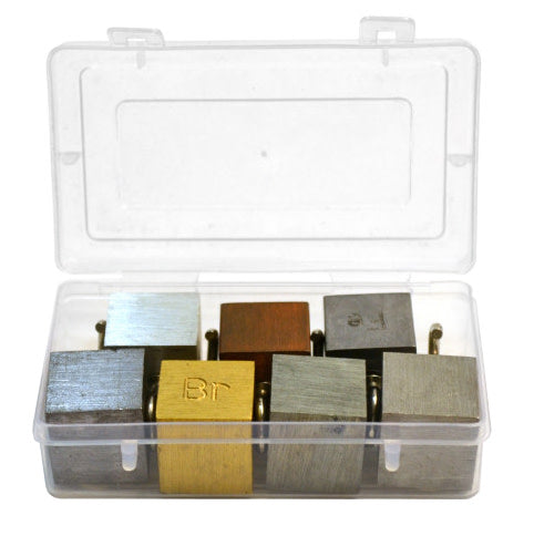 7 Piece Density Cubes Set - Includes Brass, Lead, Zinc, Copper, Aluminum, Iron & Tin - With Hooks