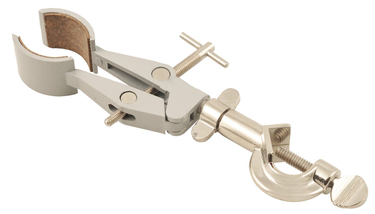 Eisco Labs Universal Clamp, Cork Lined Prongs -Holds Objects up to 2.3" [60mm] wide - with Boss Head (Rods up to .59" [15mm] Diameter)