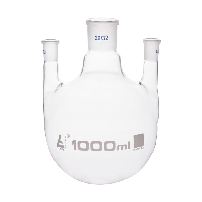 Flask Distilling round bottom, cap. 1000ml, borosilicate glass, three neck parallel, center socket 29/32, side socket 14/23