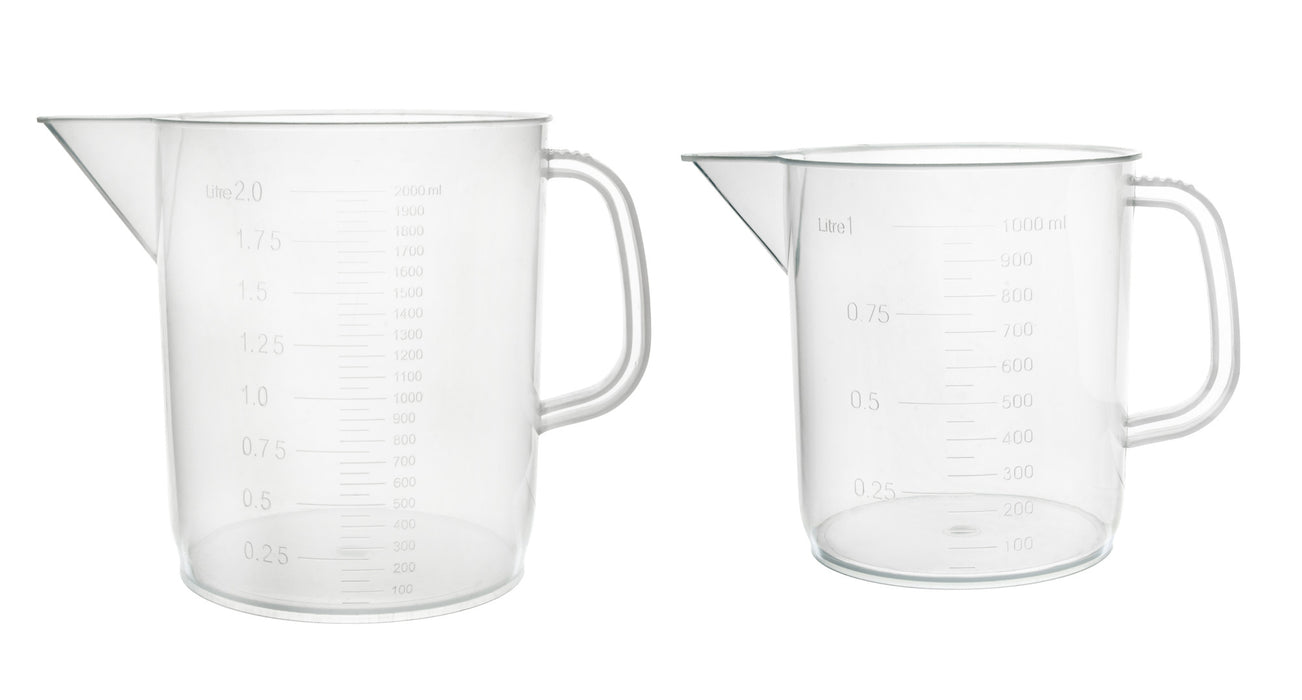 Set of 2 Measuring Jugs, 1000ml & 2000ml - Short Form, Euro Design - Polypropylene, Raised Graduations