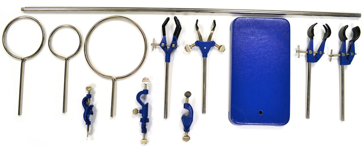 11 Piece Set - Rectangular Retort Stand, Rod, Bossheads, Clamps, and Rings
