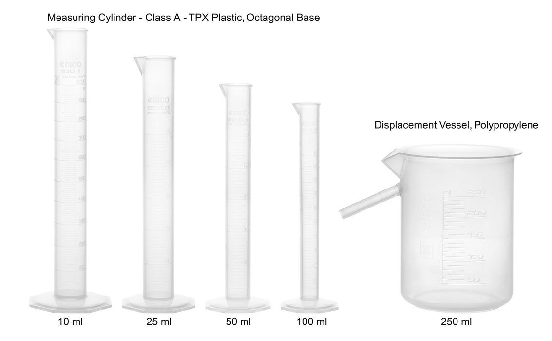 Graduated Cylinder Set + 250mL Displacement Vessel - 10mL, 25mL, 50mL & 100mL - Class B - Octagonal Base - Polypropylene Plastic