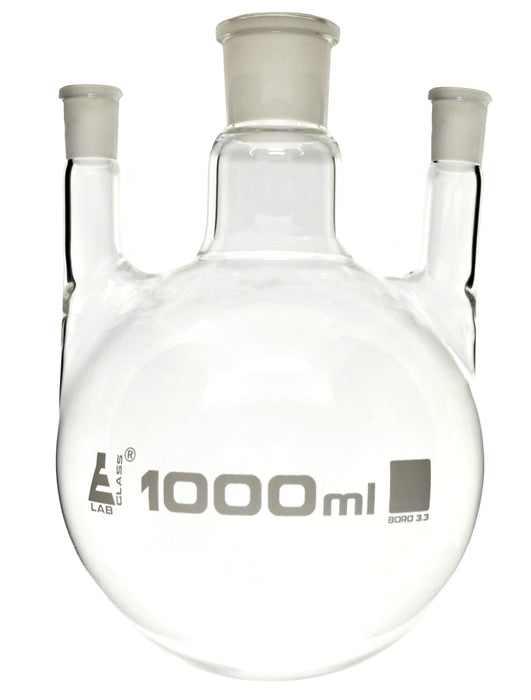 Flask Distilling round bottom, cap. 1000ml, borosilicate glass, three neck parallel, center socket 24/29, side socket 19/26