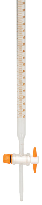 Burette, 50mL - Class A - 0.1mL Amber Graduations - PTFE Stopcock - Borosilicate Glass
