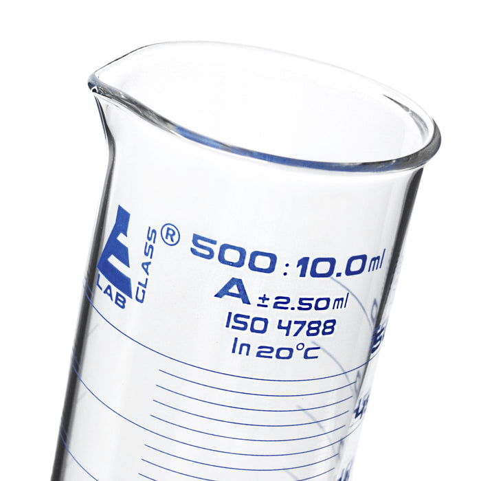 Graduated Cylinder, 500mL - Class A - Squat Form - Hexagonal Base - Blue Graduations - Borosilicate Glass