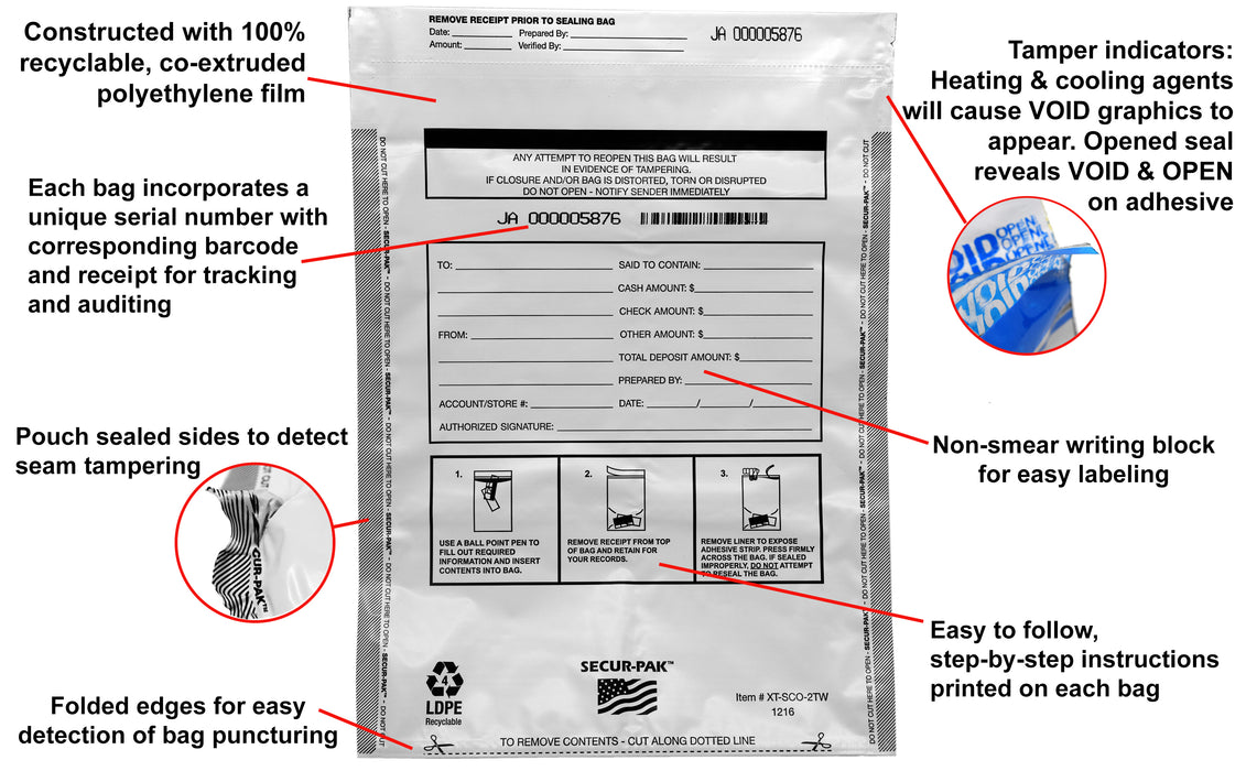 Secur-Pak Deposit Bags with Pocket - Pack of 100 - Premium, Level 4 Security Tamper Evident, White Security Bags - Self Sealing, Opaque 2.5 Mil Plastic - 12" x 16" - SECUR-PAK