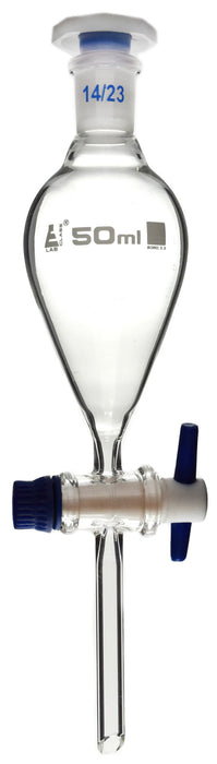 Dropping Funnel, 50mL - Squibb - With 14/23 Plastic Stopper & PTFE Key Stopcock - Borosilicate Glass