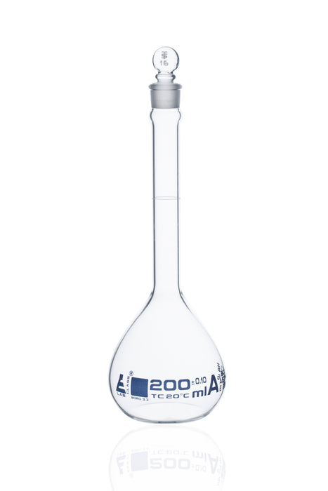 Volumetric Flask, 200ml - Class A, ASTM - Tolerance ±0.100 ml - Glass Stopper - Single, White Graduation, Blue Printed Specifications - Borosilicate Glass - Eisco Labs
