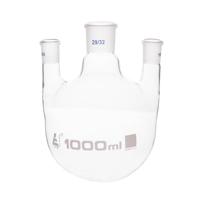 Flask Distilling round bottom, cap. 1000ml, borosilicate glass, three neck parallel, center socket 29/32, side socket 19/26