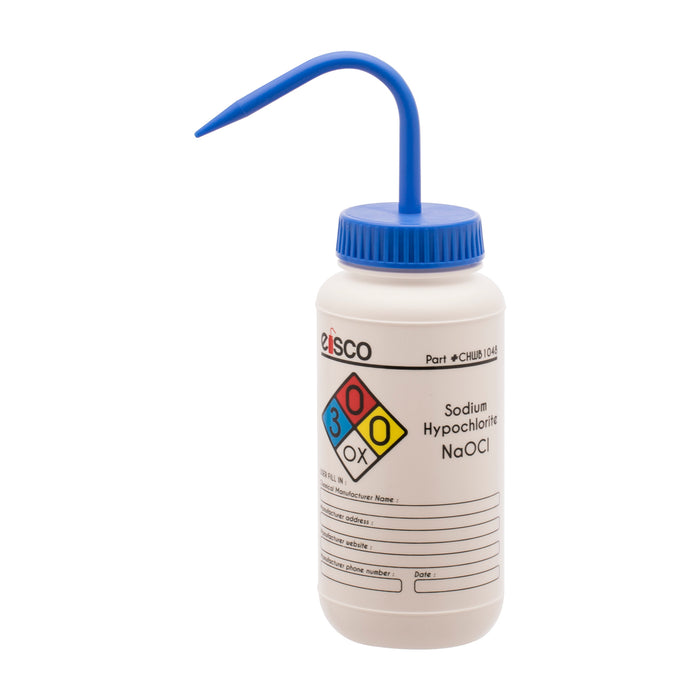Wash Bottle for Sodium Hypochloride (Bleach), 500ml - Labeled with Color Coded Chemical & Safety Information (4 Colors) - Wide Mouth, Self Venting, Low Density Polyethylene - Eisco Labs