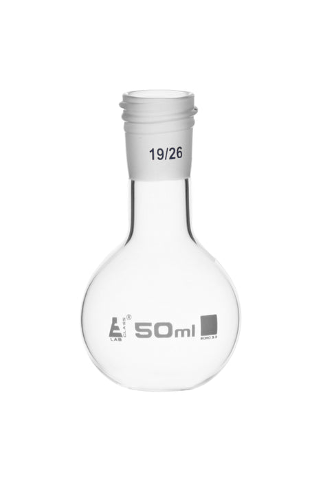 Boiling Flask with 19/26 Joint, 50ml Capacity, Flat Bottom, Interchangeable Screw Thread Joint, Borosilicate Glass - Eisco Labs