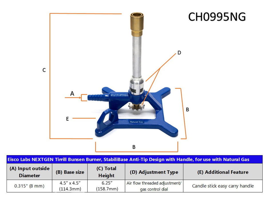 Premium Tirrill Bunsen Burner, Natural Gas - StabiliBase