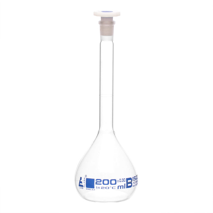 Volumetric Flask, 200ml - Class B - 14/23 Polyethylene Stopper, Borosilicate Glass - Blue Graduation, Tolerance ±0.300