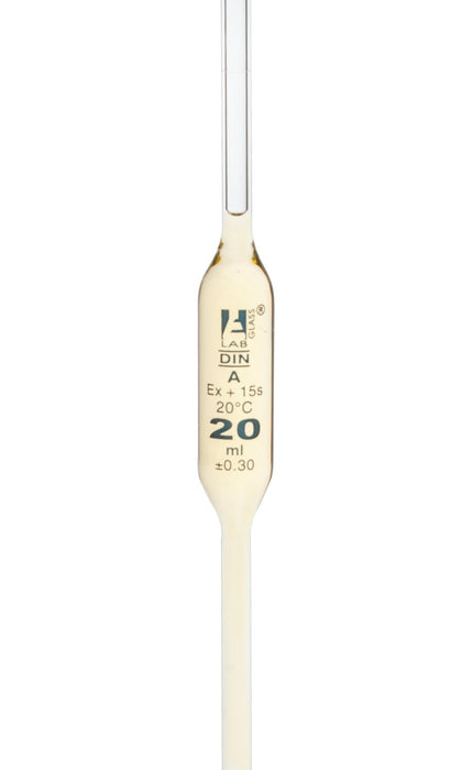 Volumetric Pipette, 20mL - Class A - Yellow Coded - Blue Graduation - Borosilicate Glass