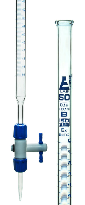 Burette, 50mL - Class A - With Modular, PTFE Stopcock - Blue Graduations - Borosilicate Glass