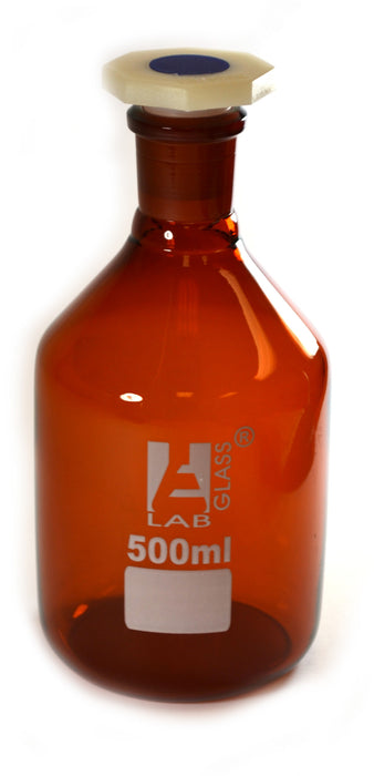 Reagent Bottle, 500mL - Amber - With Acid-Proof Polypropylene Stopper - Borosilicate Glass