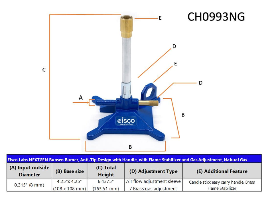 Premium Bunsen Burner, Natural Gas - StabiliBase, Anti-Tip Design - Eisco Labs