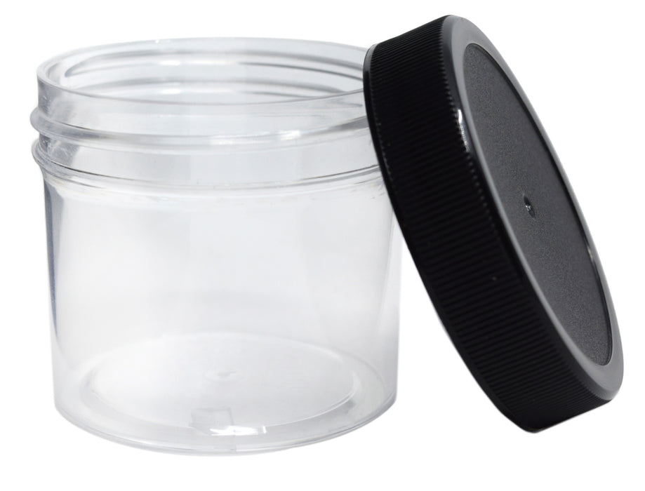 Set of 6 - 60ml (2oz) Clear Polystyrene Jars, Black Polypropylene Caps with Polyethylene Foam Liner - hBAR